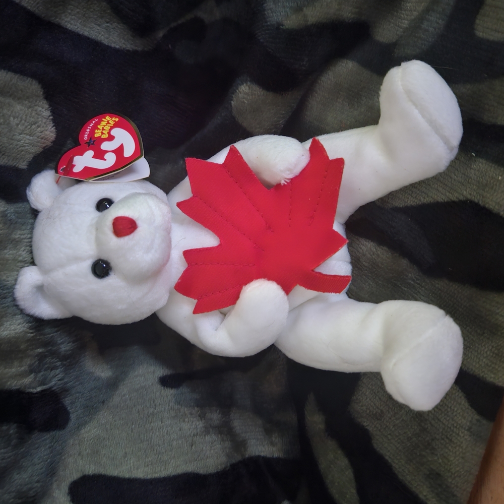 White Teddy Bear with Red Maple Leaf